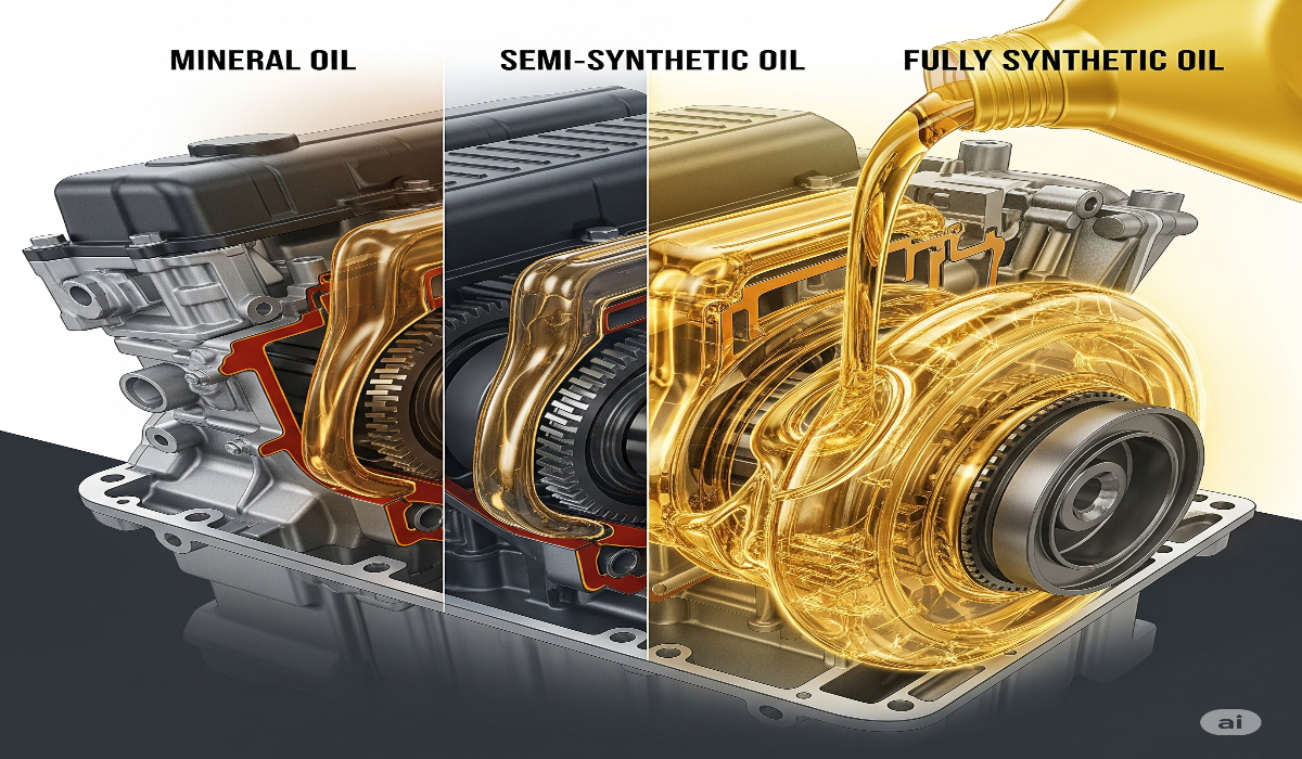 "برش عرضی دقیق از یک موتور خودرو که نحوه روانکاری قطعات متحرک توسط انواع روغن موتور (معدنی، نیمهسنتتیک، تمامسنتتیک) را با تفاوتهای بصری در عملکرد هر نوع روغن نشان میدهد
