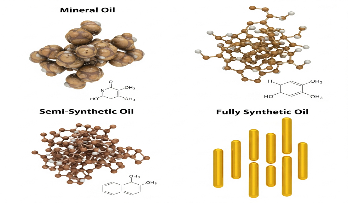 نمایش بصری تفاوتهای ساختار مولکولی بین روغن معدنی، روغن نیمهسنتتیک و روغن تمامسنتتیک، با تأکید بر خلوص و یکنواختی آنها.